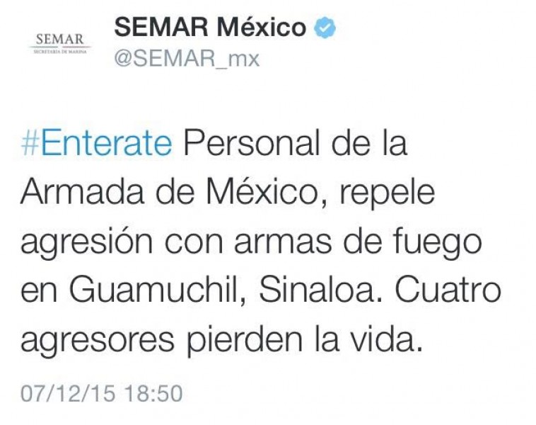 Secretaría de Marina a través de twitter informa sobre enfrentamiento en Guamúchil