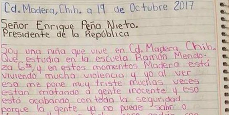 Niña manda carta a Enrique Peña Nieto para pedir fin a la violencia