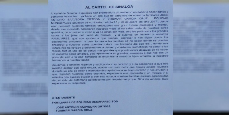 Mandan carta al Cártel de Sinaloa