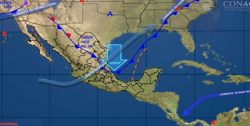 Frente frío 28 provoca lluvias en oriente y sureste del país