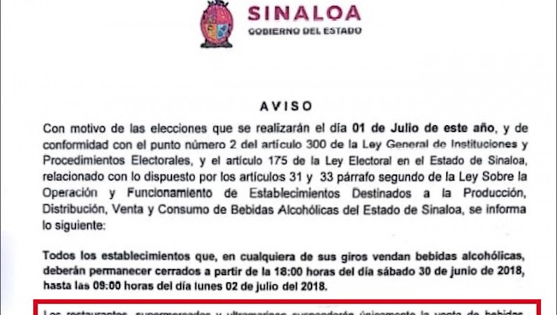 Amplían "Ley Seca" de sábado a lunes
