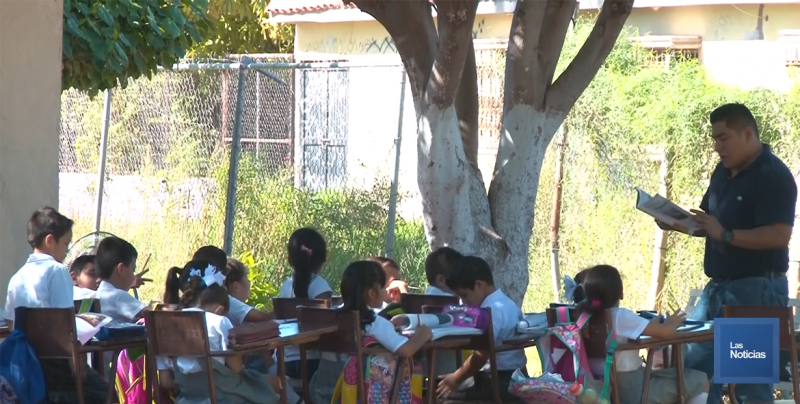 Alumnos de primaria reciben clases bajo los árboles en Cajeme