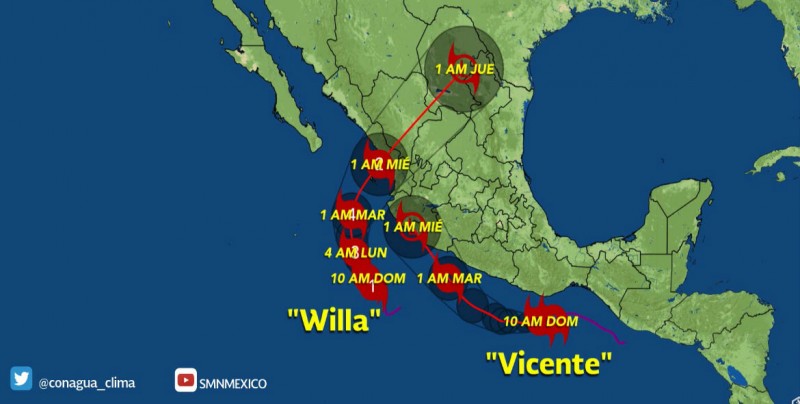 "Willa" es ya categoría dos y su trayectoria posible de impacto es Sinaloa