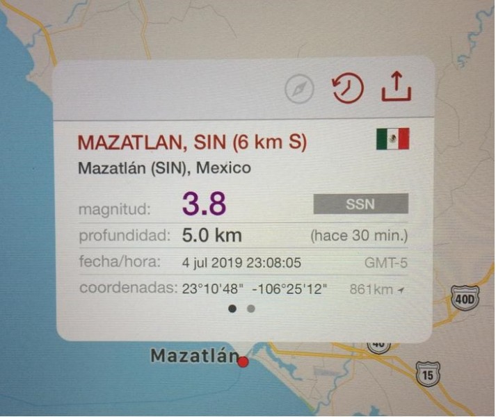 Tiembla en Mazatlán, el sismo registró una magnitud de 3.8° en la escala de Richter