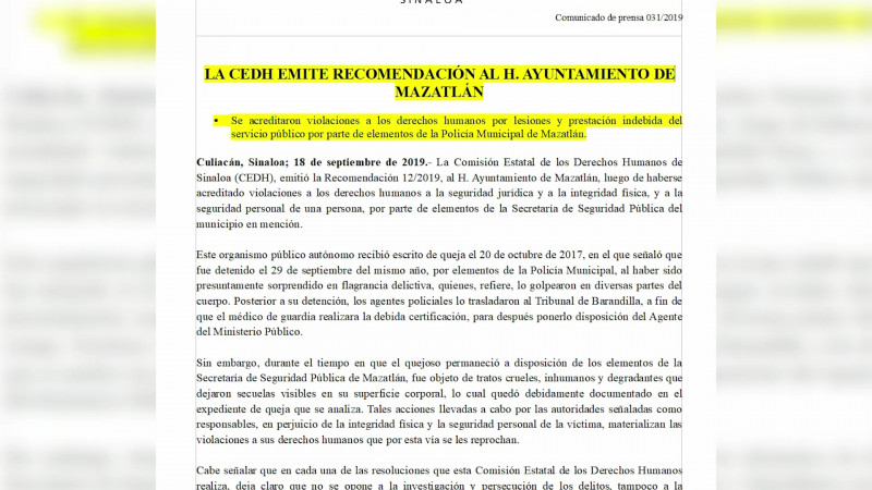 Emite la CEDH recomendación a la SSPM de Mazatlán