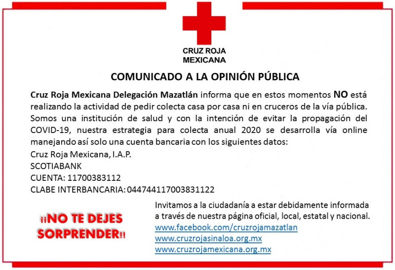 Cruz roja no realiza colecta domiciliaria