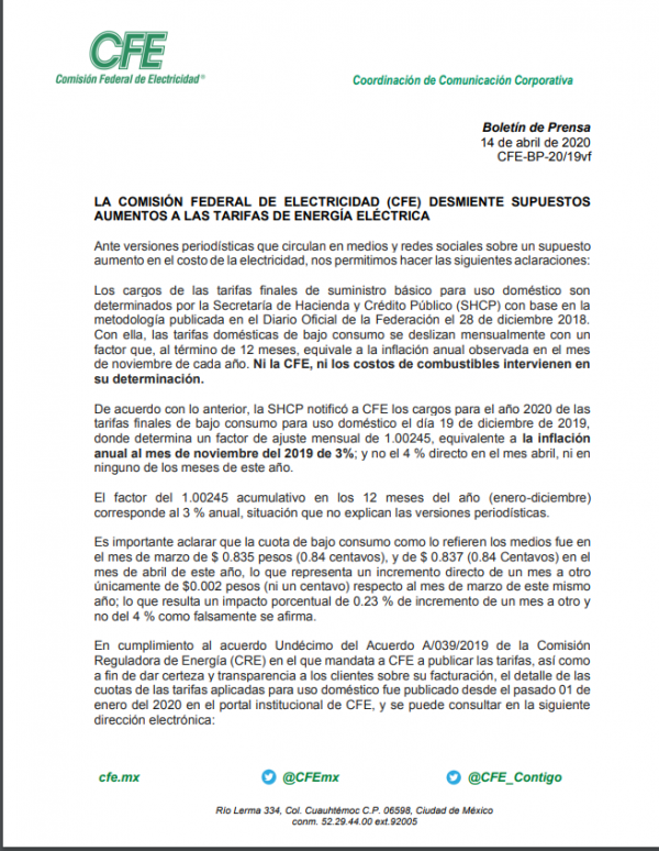 CFE desmiente aumento a la tarifa de energía eléctrica