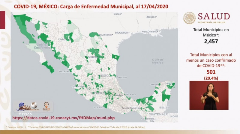 El 20.4% de los municipios del país registra casos Covid-19.  Los que no tengan contagiados ni vecinos con contagio podrían ser quienes salgan antes de la cuarentena