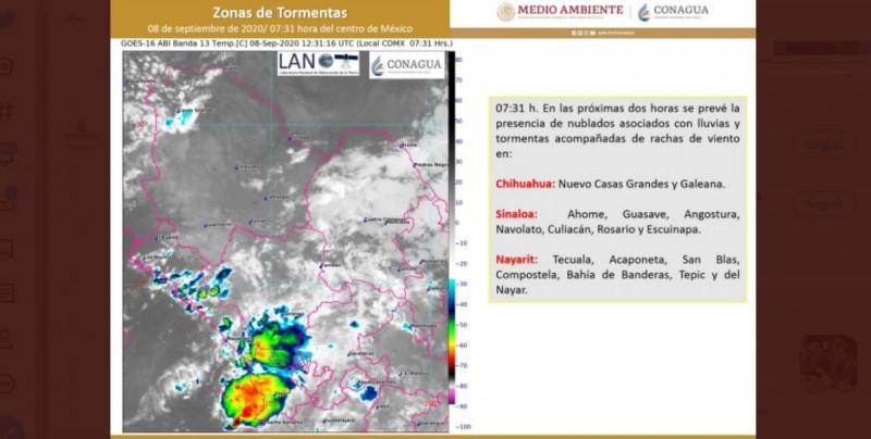 CONAGUA pronostica lluvias muy fuertes en Sinaloa y fuertes en Sonora, acompañadas de descargas eléctricas