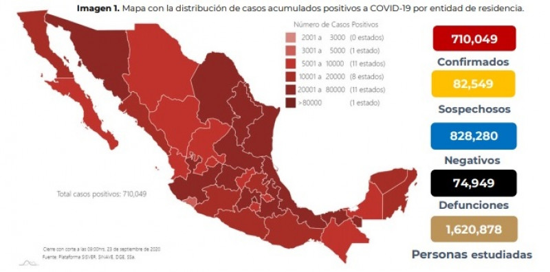 En México hasta el día de hoy se han confirmado 710,049 casos y 74,949 defunciones por COVID-19
