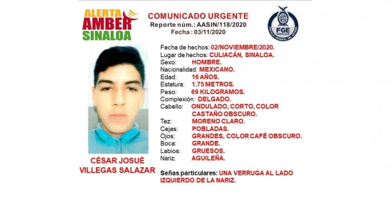 Alerta Amber Sinaloa pide ayuda para encontrar a César Josué Villegas Salazar