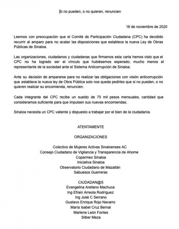 Si no pueden, que renuncien piden organizaciones a integrantes del Comité de Participación Ciudadana