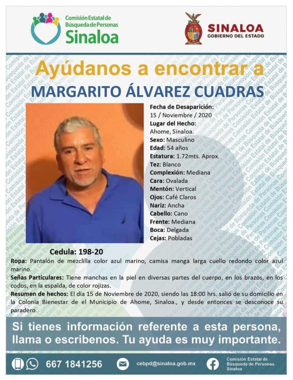 Familiares piden ayuda de la sociedad para encontrar a Margarito Álvarez Cuadras