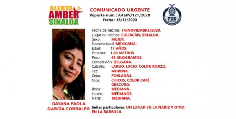 FGE pide ayuda para encontrar a Dayana Paola: fue vista por última vez en Culiacán