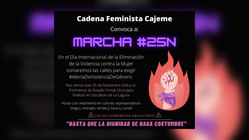 Convocan a Marcha 25N por la Eliminación de la violencia contra las mujeres y niñas