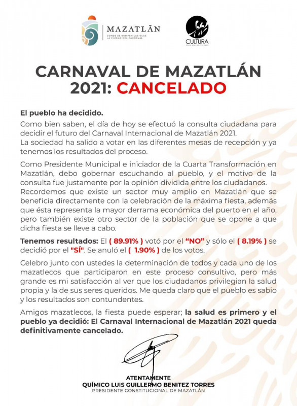 Se cancela el Carnaval de Mazatlán 2021: el 89.91% de las personas dijeron que "no"