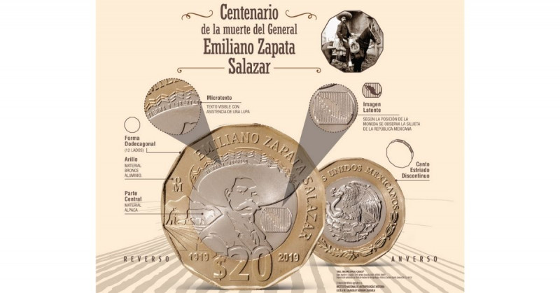 Este lunes entró en circulación la nueva moneda de 20 pesos con la imagen de Emiliano Zapata