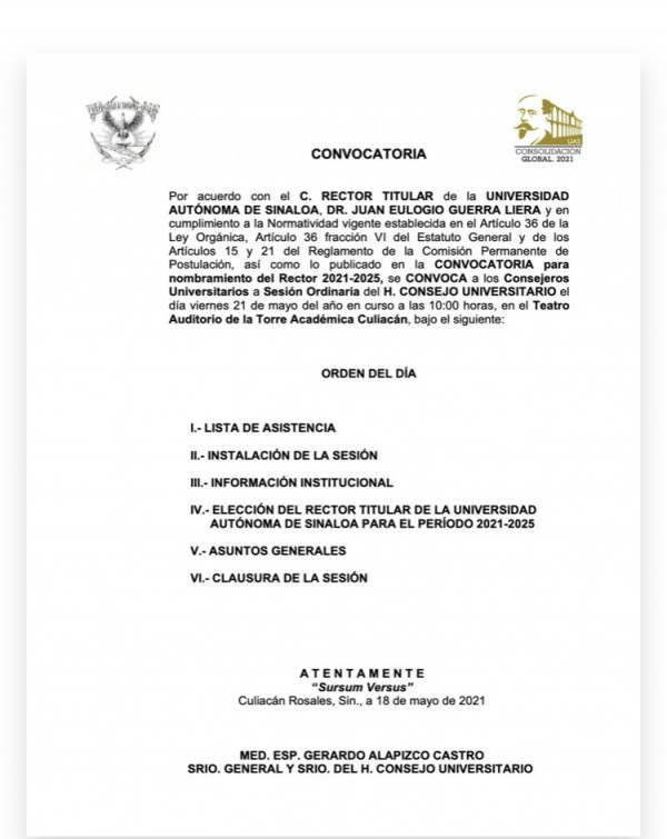 Publican convocatoria para la elección a Rector de la UAS