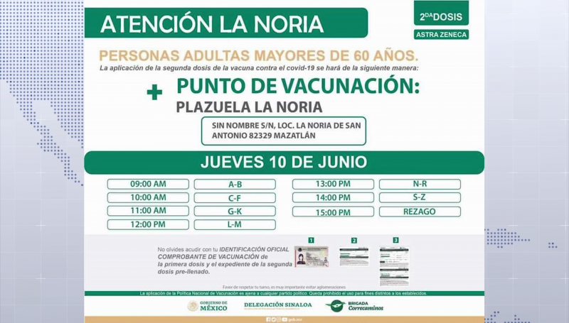 9 de junio inicia vacunación a adultos mayores en zona rural de Mazatlán
