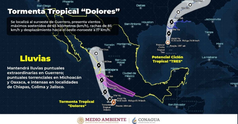 "4-E" se intensifica y convierte en la tormenta tropical "Dolores" que se prevé llegará a Sinaloa el domingo