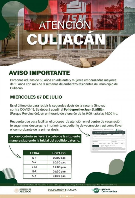 Último día para aplicación de la  vacuna SINOVAC en Culiacán