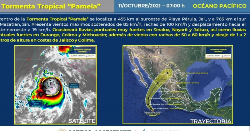 Este lunes se esperan lluvias "muy fuertes" en Sinaloa por "Pamela"