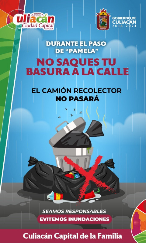 Pide el Ayuntamiento de Culiacán no sacar la basura ante llegada de "Pamela"