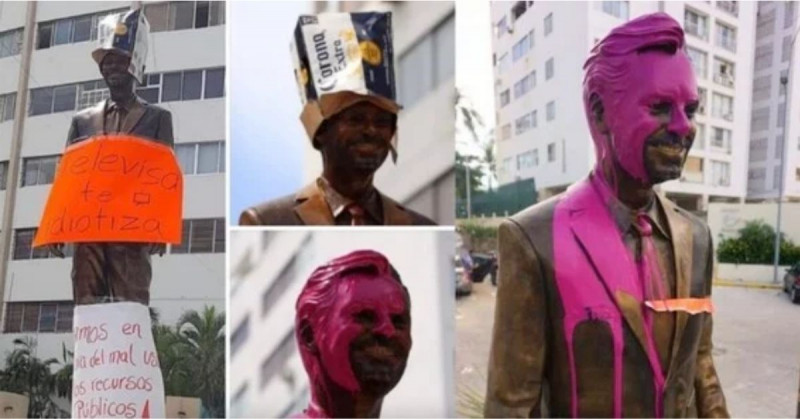 Vandalizan estatua de Eugenio Derbez en Acapulco y la llaman el "monumento a la estupidez"