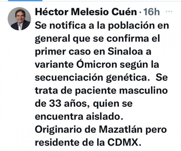 Confirmado primer caso de Ómicron en Sinaloa
