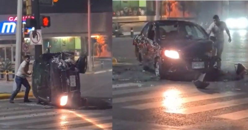 Hombre borracho vuelca su carro destrozado y lo graban enderezándolo (video)