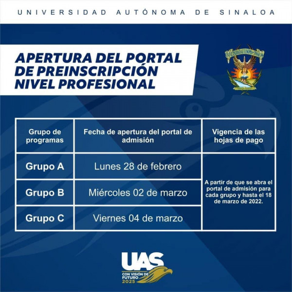 Inician preinscripciones en la UAS para nivel superior