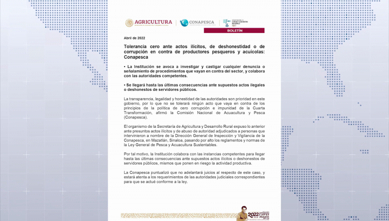 Tolerancia cero ante actos ilícitos, de deshonestidad o de corrupción en contra de productores pesqueros y acuícolas: Conapesca
