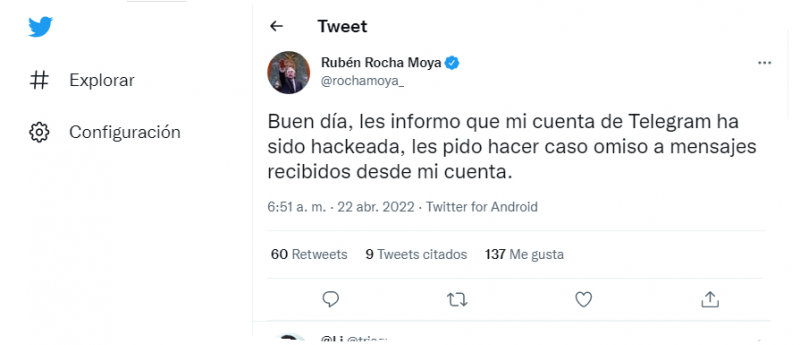 Hackean Telegram de Rocha Moya