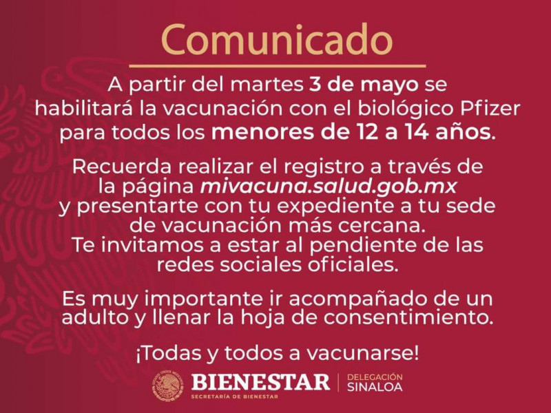 Inicia la vacunación para niños de 12 a 14 años en Sinaloa