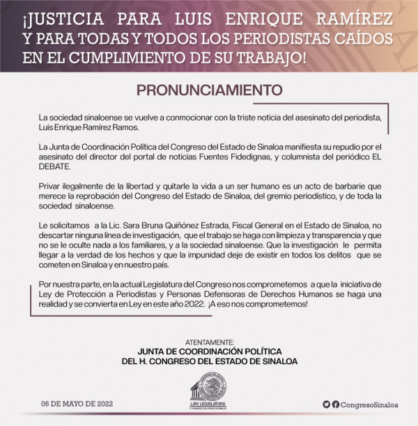 Condena JUCOPO asesinato de periodista Luis Enrique Ramírez