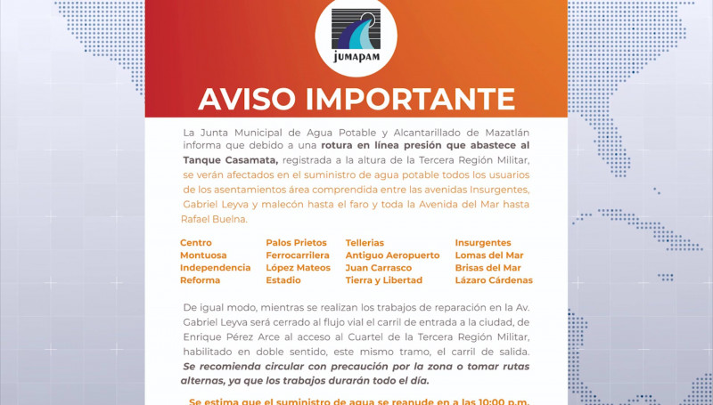 Casi 20 asentamientos de Mazatlán sin agua este lunes