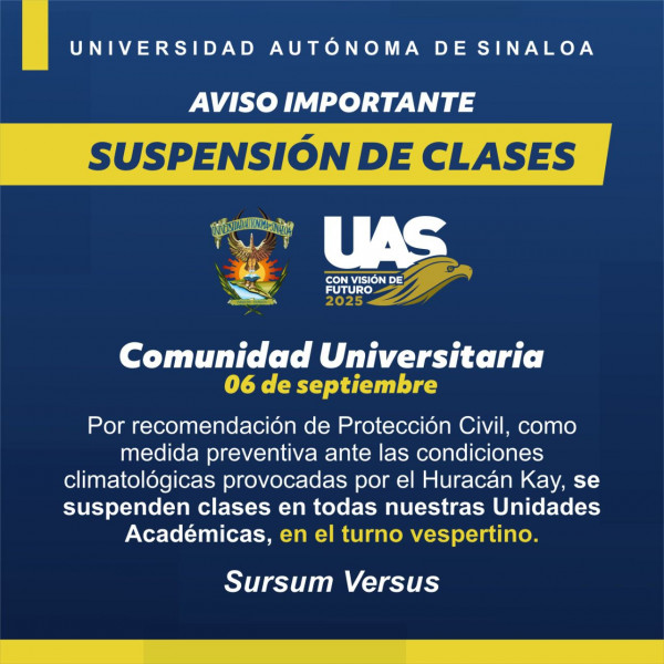 UAS anuncia suspensión de clases en turno vespertino