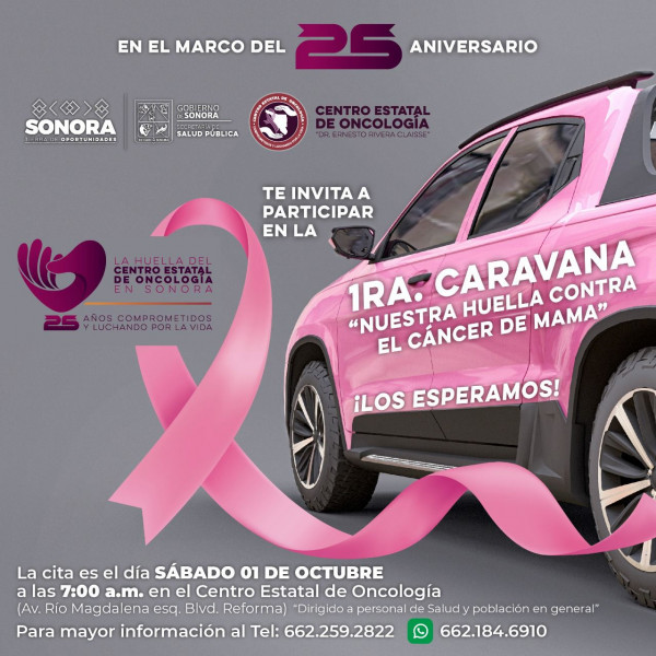 Realizará Salud Sonora primera Caravana Rosa “Nuestra huella contra el cáncer de mama”