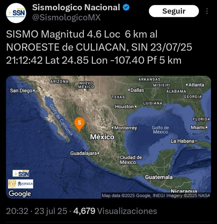 Sismo de 4.6 sacude a Culiacán y alrededores