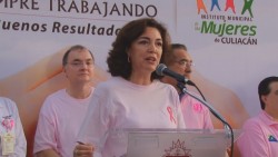 Marchan para apoyar la lucha contra el cáncer de mama.