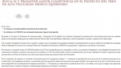 SCT acepta recomendaciones de la COFECE para Tren México-Querétaro