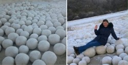 Fenómeno natural: Cientos de bolas de hielo cubren una playa de Siberia