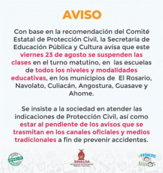 Sepyc suspende clases en 6 municipios de Sinaloa