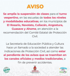Se amplía la suspensión de clases para turno Vespertino