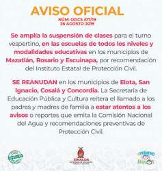 Se amplía suspensión de clases en 3 municipios del sur de Sinaloa