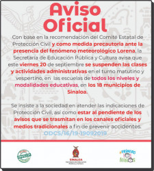 Se suspenden clases este viernes en todo Sinaloa