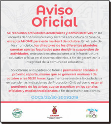 Suspensión de clases solo en Ahome : Sepyc
