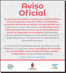 Se reanudan clases en todo Sinaloa
