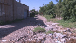 Calle Adalberto Tejeda llena de piedras y basura