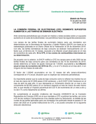 CFE desmiente aumento a la tarifa de energía eléctrica